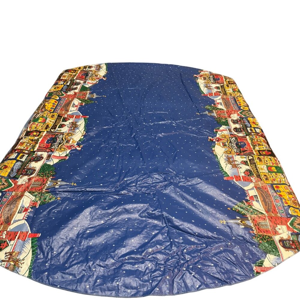 Vintage Christmas Village Round Tablecloth Plastic 60x56 Oval Snow Scene